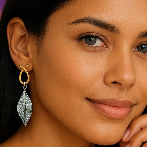 🆕Turkish Handmade 18K Gold Leaf Dangle Earrings Boho Chic Artisan Jewelry - Picture 1 of 13